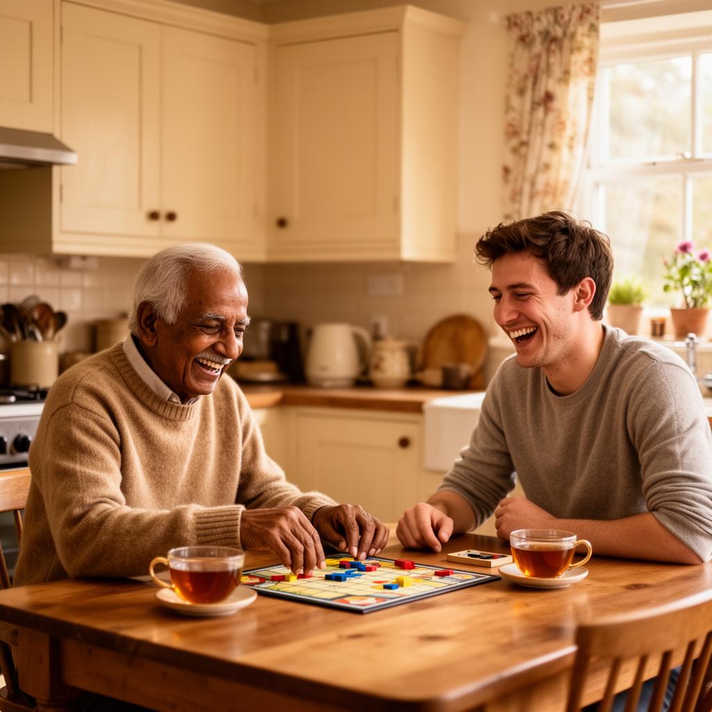 Elderly man playing a board game with a young companion, both laughing