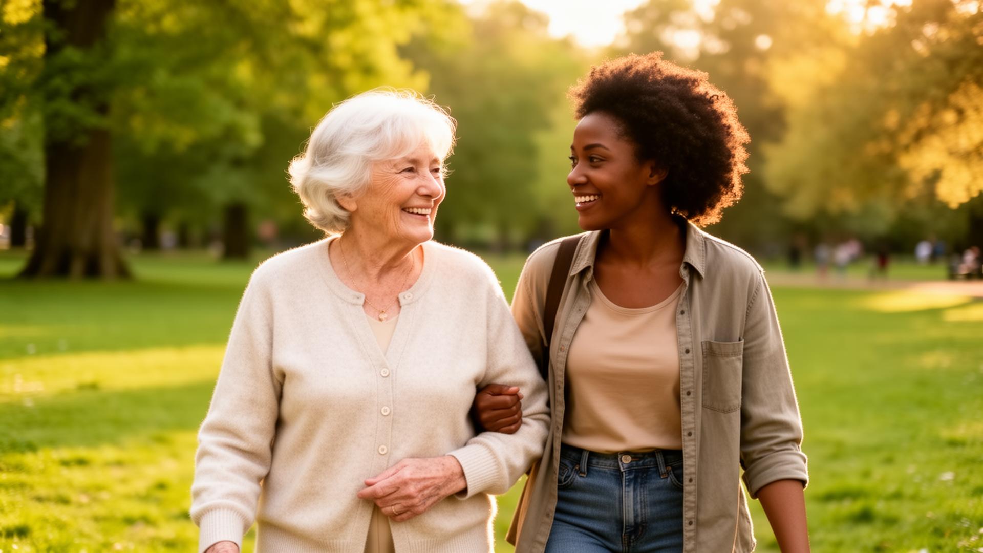 An elderly woman walking arm-in-arm with a young companion in a sunny park